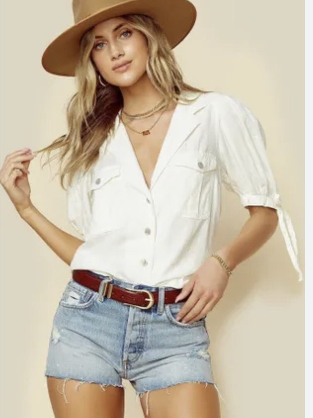 Free People Cream Safari-Style Button Down Shirt